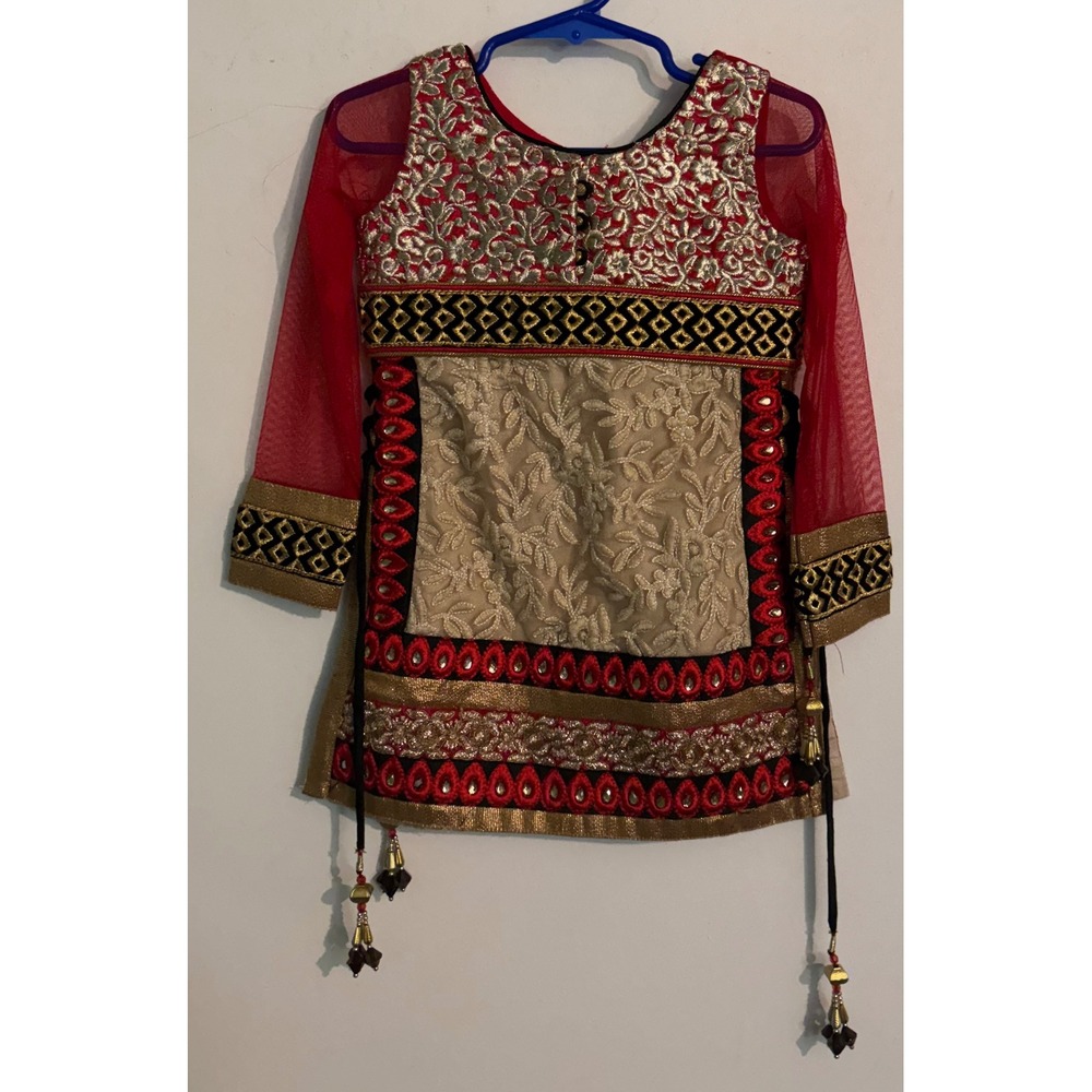 For Kids Sz 16 (40cm) Girls Red Gold Black Ornate Indian Cultural Tunic Top
